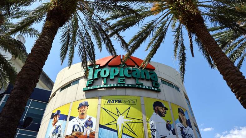 Mar 30, 2023; St. Petersburg, Florida, USA;  A general view of the outside of Tropicana Field on opening day between the  Tampa Bay Rays and against the Detroit Tigers. Mandatory Credit: Kim Klement-USA TODAY Sports