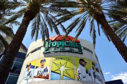 Mar 30, 2023; St. Petersburg, Florida, USA;  A general view of the outside of Tropicana Field on opening day between the  Tampa Bay Rays and against the Detroit Tigers. Mandatory Credit: Kim Klement-USA TODAY Sports