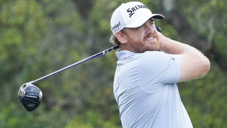 Mar 30, 2023; San Antonio, Texas, USA; J.B. Holmes plays his shot from the first tee during the first round of the Valero Texas Open golf tournament. Mandatory Credit: Raymond Carlin III-USA TODAY Sports