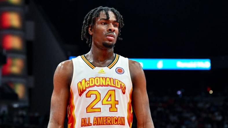 Mar 28, 2023; Houston, TX, USA; McDonald's All American East forward Mackenzie Mgbako (24) stands on the court during the first half against the McDonald's All American West at Toyota Center. Mandatory Credit: Maria Lysaker-USA TODAY Sports