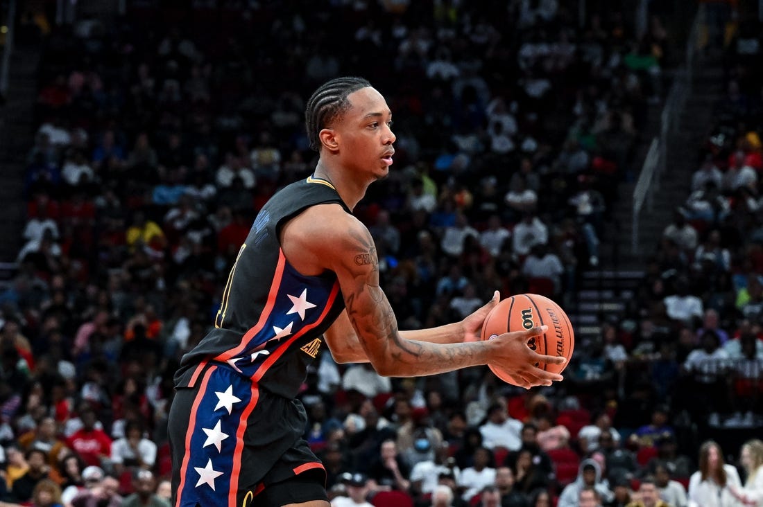 Mar 28, 2023; Houston, TX, USA; McDonald's All American West forward Ron Holland (1) in action during the first half against the McDonald's All American East at Toyota Center. Mandatory Credit: Maria Lysaker-USA TODAY Sports