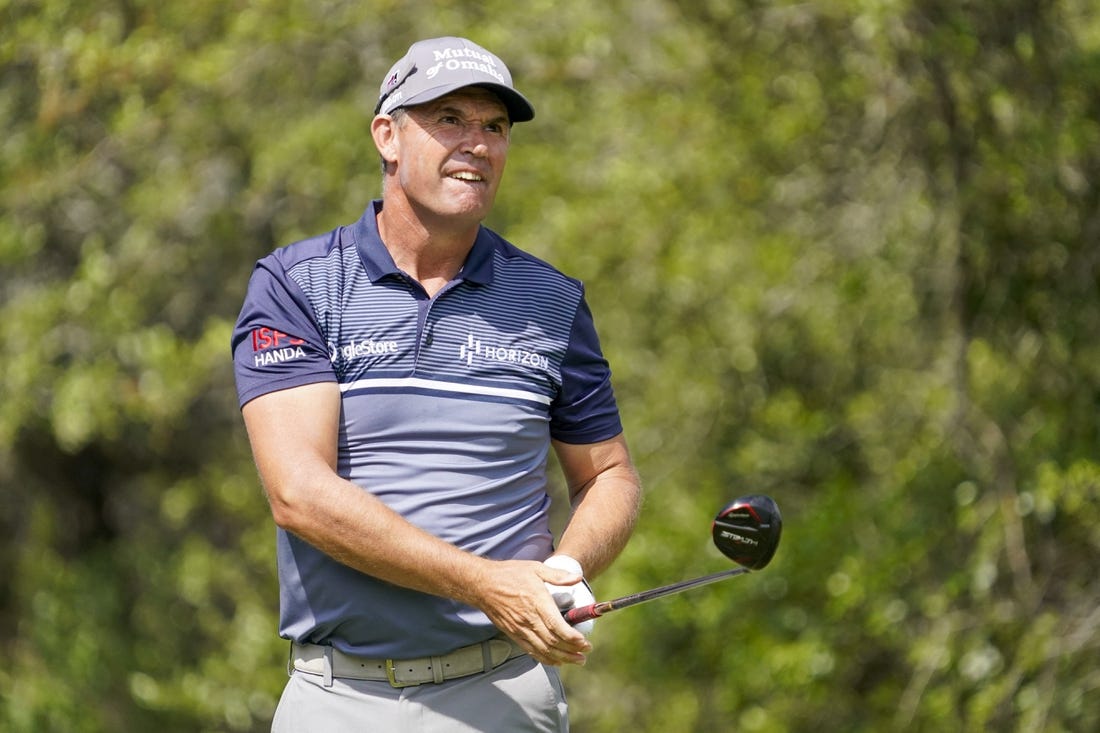 Mar 31, 2023; San Antonio, Texas, USA; Padraig Harrington plays his shot from the first tee  during the second round of the Valero Texas Open golf tournament. Mandatory Credit: Raymond Carlin III-USA TODAY Sports