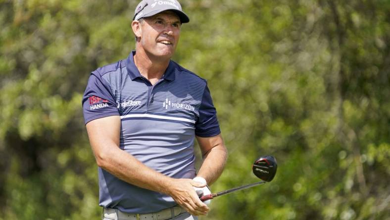 Mar 31, 2023; San Antonio, Texas, USA; Padraig Harrington plays his shot from the first tee  during the second round of the Valero Texas Open golf tournament. Mandatory Credit: Raymond Carlin III-USA TODAY Sports