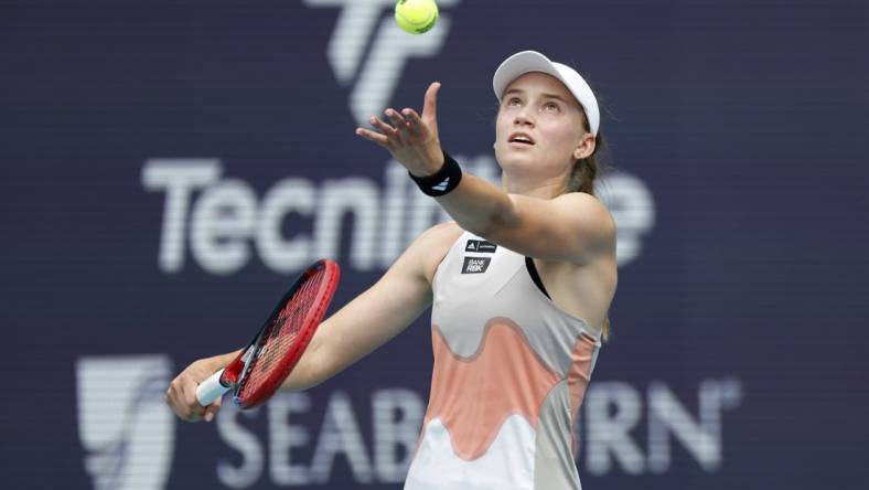 Apr 1, 2023; Miami, Florida, US; Elena Rybakina (KAZ) serves against Petra Kvitova (CZE) (not pictured) in the women's singles final on day thirteen of the Miami Open at Hard Rock Stadium. Mandatory Credit: Geoff Burke-USA TODAY Sports