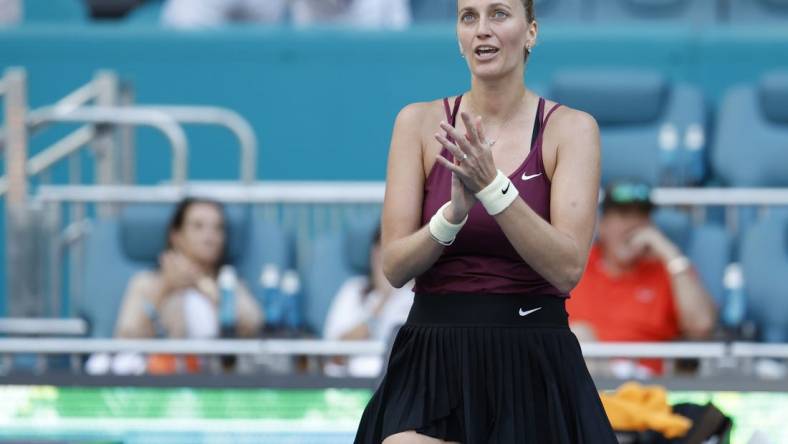 Apr 1, 2023; Miami, Florida, US; Petra Kvitova (CZE) salutes the crowd after her match against Elena Rybakina (KAZ) (not pictured) in the women's singles final on day thirteen of the Miami Open at Hard Rock Stadium. Mandatory Credit: Geoff Burke-USA TODAY Sports