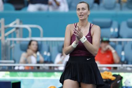 Apr 1, 2023; Miami, Florida, US; Petra Kvitova (CZE) salutes the crowd after her match against Elena Rybakina (KAZ) (not pictured) in the women's singles final on day thirteen of the Miami Open at Hard Rock Stadium. Mandatory Credit: Geoff Burke-USA TODAY Sports
