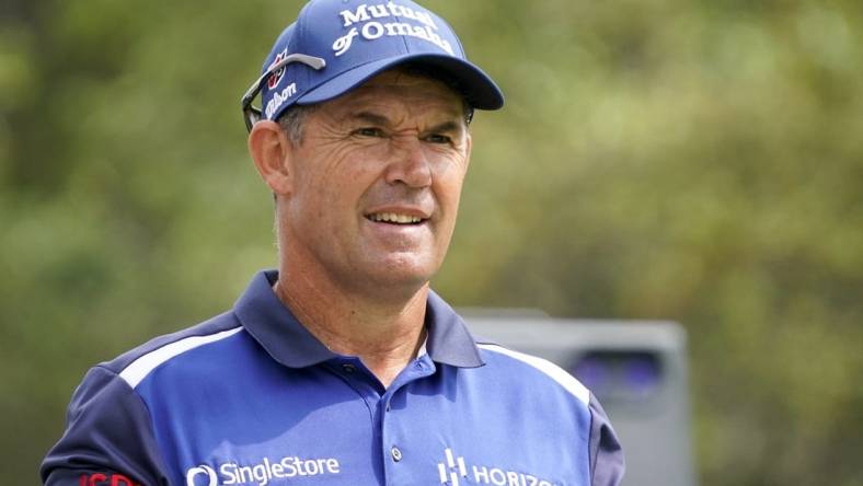 Apr 2, 2023; San Antonio, Texas, USA; Padraig Harrington waits to tee off on the first hole during the final round of the Valero Texas Open golf tournament at TPC San Antonio. Mandatory Credit: Raymond Carlin III-USA TODAY Sports