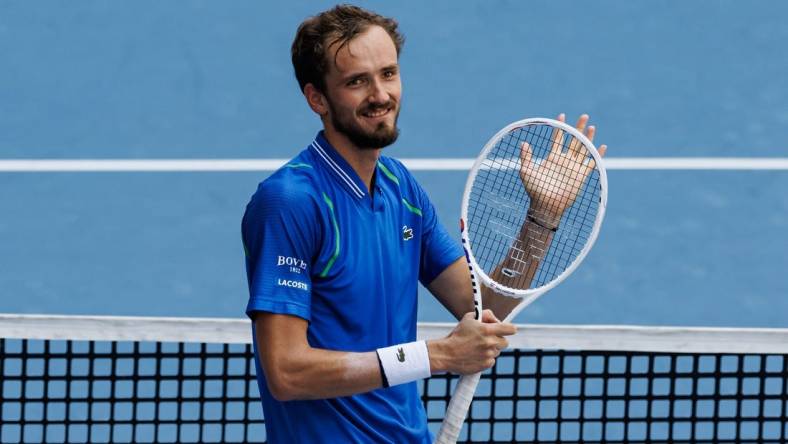 Apr 2, 2023; Miami, Florida, US; Daniil Medvedev celebrates his victory over Jannik Sinner (ITA) (not pictured) in the men   s singles final of the Miami Open at Hard Rock Stadium. Mandatory Credit: Mike Frey-USA TODAY Sports