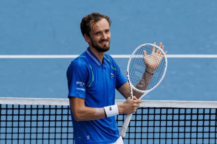 Apr 2, 2023; Miami, Florida, US; Daniil Medvedev celebrates his victory over Jannik Sinner (ITA) (not pictured) in the men   s singles final of the Miami Open at Hard Rock Stadium. Mandatory Credit: Mike Frey-USA TODAY Sports