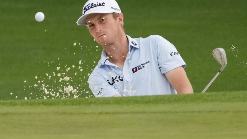 Apr 4, 2023; Augusta, Georgia, USA; Will Zalatoris hits out of the sand on the second hole during a practice round for The Masters golf tournament at Augusta National Golf Club. Mandatory Credit: Michael Madrid-USA TODAY Network