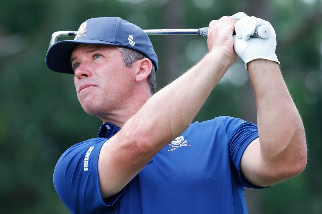 Apr 2, 2023; Orlando, Florida, USA;Paul Casey of the Crushers plays his shot from the sixth tee during the final round of a LIV Golf event at Orange County National. Mandatory Credit: Reinhold Matay-USA TODAY Sports