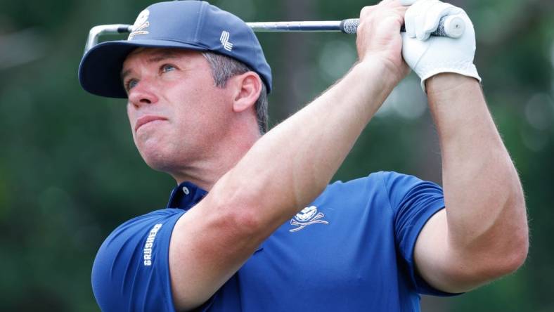 Apr 2, 2023; Orlando, Florida, USA;Paul Casey of the Crushers plays his shot from the sixth tee during the final round of a LIV Golf event at Orange County National. Mandatory Credit: Reinhold Matay-USA TODAY Sports