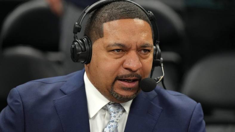 Apr 5, 2023; Los Angeles, California, USA; ESPN analyst Mark Jackson during the game between the LA Clippers and the Los Angeles Lakers at Crypto.com Arena. Mandatory Credit: Kirby Lee-USA TODAY Sports