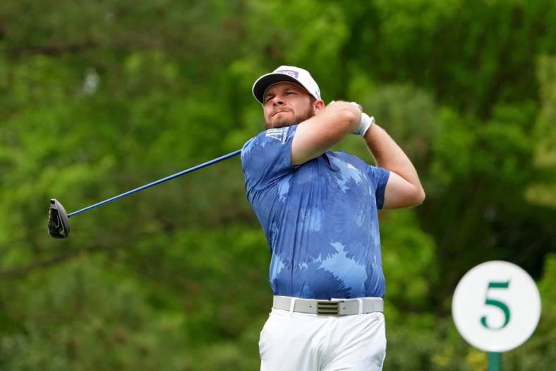 Apr 6, 2023; Augusta, Georgia, USA; Tyrrell Hatton tees off on the fifth hole during the first round of The Masters golf tournament. Mandatory Credit: Kyle Terada-USA TODAY Network