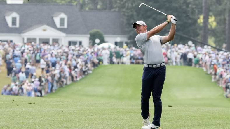 Apr 7, 2023; Augusta, Georgia, USA; Rory McIlroy hits from the first fairway during the second round of The Masters golf tournament. Mandatory Credit: Rob Schumacher-USA TODAY Network