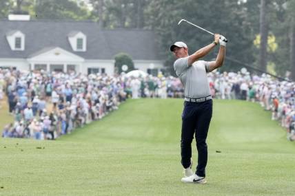 Apr 7, 2023; Augusta, Georgia, USA; Rory McIlroy hits from the first fairway during the second round of The Masters golf tournament. Mandatory Credit: Rob Schumacher-USA TODAY Network