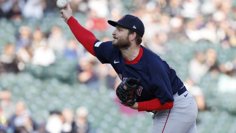 Apr 8, 2023; Detroit, Michigan, USA;  Boston Red Sox relief pitcher Ryan Brasier (70) pitches in the ninth inning against the Detroit Tigers at Comerica Park. Mandatory Credit: Rick Osentoski-USA TODAY Sports