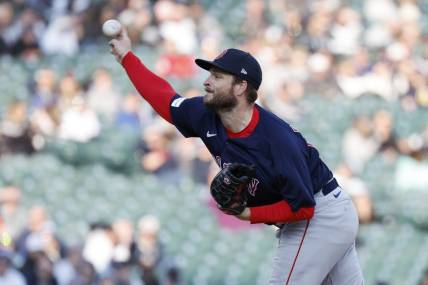 Apr 8, 2023; Detroit, Michigan, USA;  Boston Red Sox relief pitcher Ryan Brasier (70) pitches in the ninth inning against the Detroit Tigers at Comerica Park. Mandatory Credit: Rick Osentoski-USA TODAY Sports
