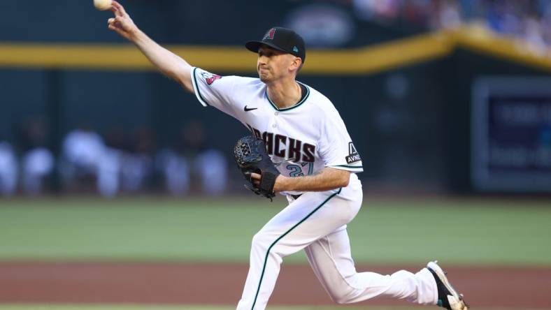 Apr 8, 2023; Phoenix, Arizona, USA; Arizona Diamondbacks pitcher Zach Davies in the first inning against the Los Angeles Dodgers at Chase Field. Mandatory Credit: Mark J. Rebilas-USA TODAY Sports