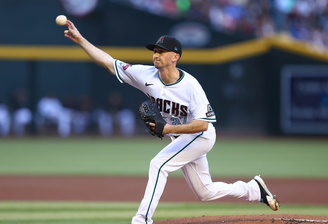 Apr 8, 2023; Phoenix, Arizona, USA; Arizona Diamondbacks pitcher Zach Davies in the first inning against the Los Angeles Dodgers at Chase Field. Mandatory Credit: Mark J. Rebilas-USA TODAY Sports