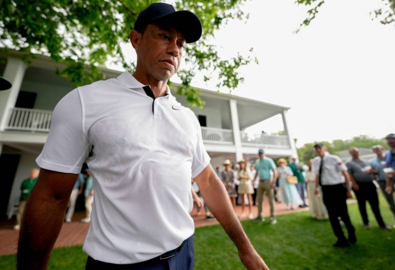 Tiger Woods walks out of the clubhouse on his way to the first tee during the first round of The Masters golf tournament at the Augusta National Golf Club in Augusta, Ga., on April 6, 2023.

Pga Masters Tournament First Round