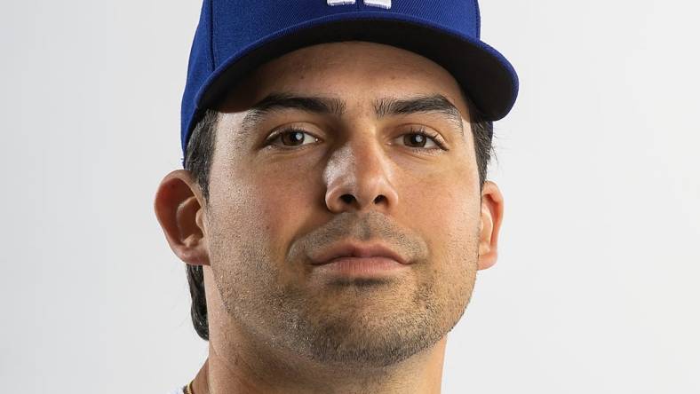 Feb 22, 2023; Glendale, AZ, US; Los Angeles Dodgers pitcher Tyler Cyr poses for a portrait during photo day at Camelback Ranch. Mandatory Credit: Mark J. Rebilas-USA TODAY Sports