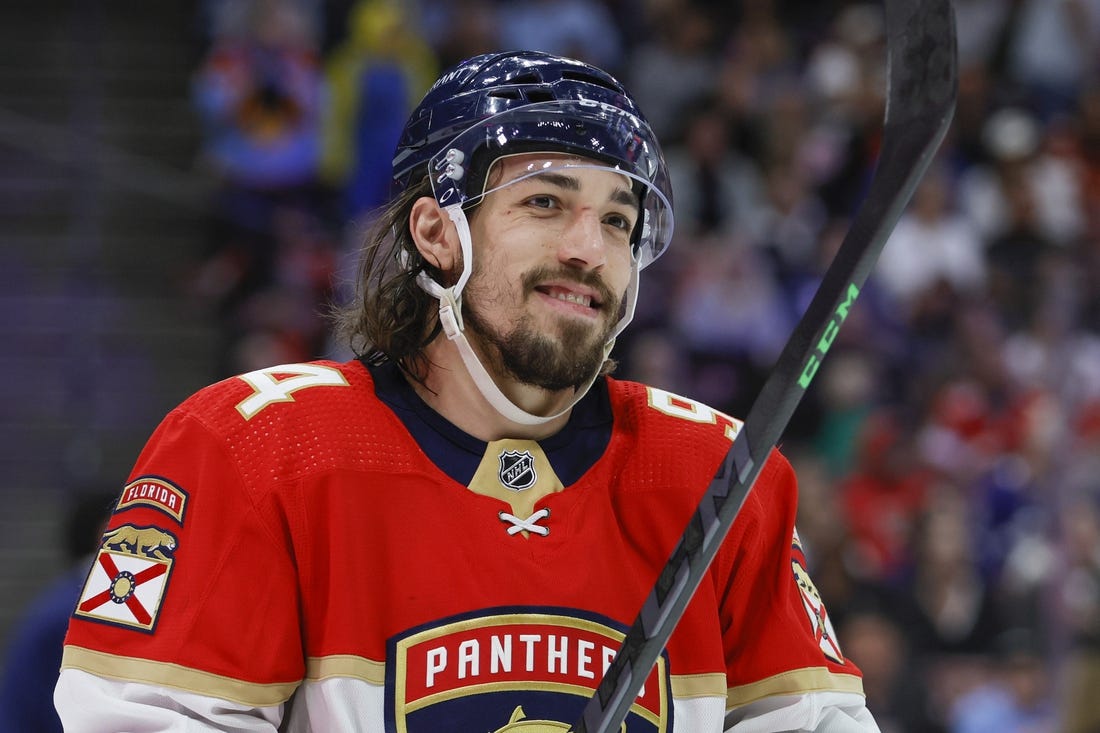 Apr 10, 2023; Sunrise, Florida, USA; Florida Panthers left wing Ryan Lomberg (94) looks on during the second period against the Toronto Maple Leafs at FLA Live Arena. Mandatory Credit: Sam Navarro-USA TODAY Sports