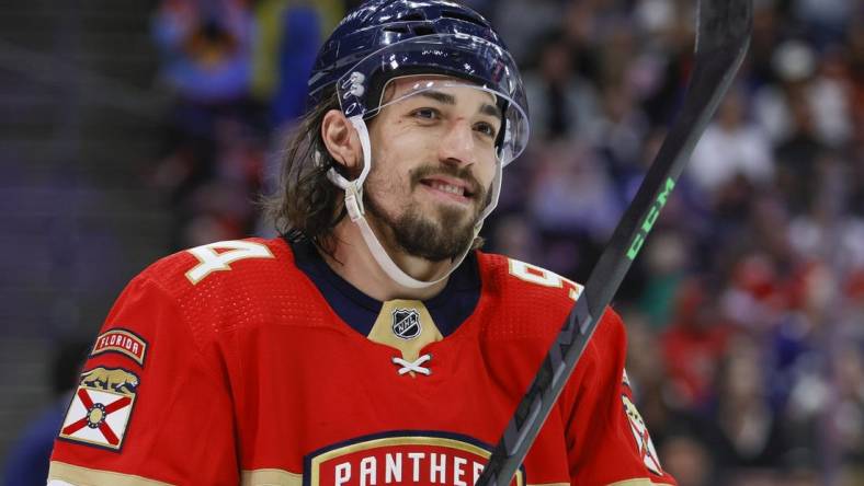 Apr 10, 2023; Sunrise, Florida, USA; Florida Panthers left wing Ryan Lomberg (94) looks on during the second period against the Toronto Maple Leafs at FLA Live Arena. Mandatory Credit: Sam Navarro-USA TODAY Sports