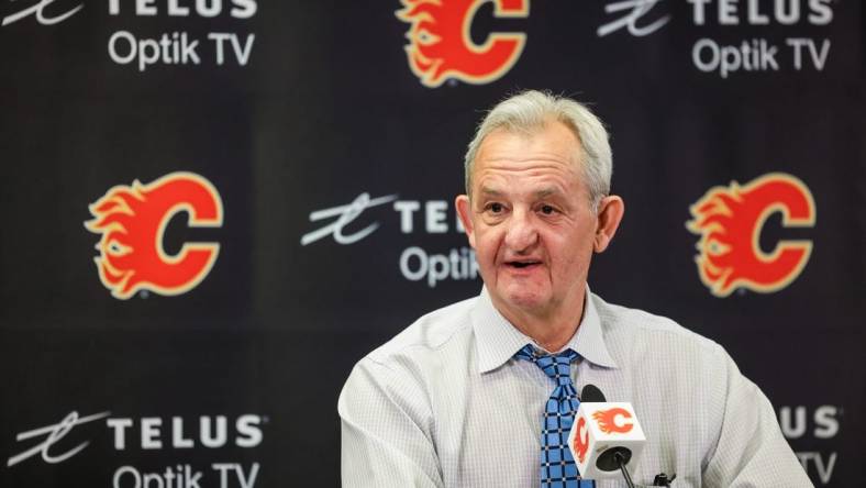 Apr 10, 2023; Calgary, Alberta, CAN; Calgary Flames head coach Darryl Sutter during interview after the game against the Nashville Predators at Scotiabank Saddledome. Mandatory Credit: Sergei Belski-USA TODAY Sports