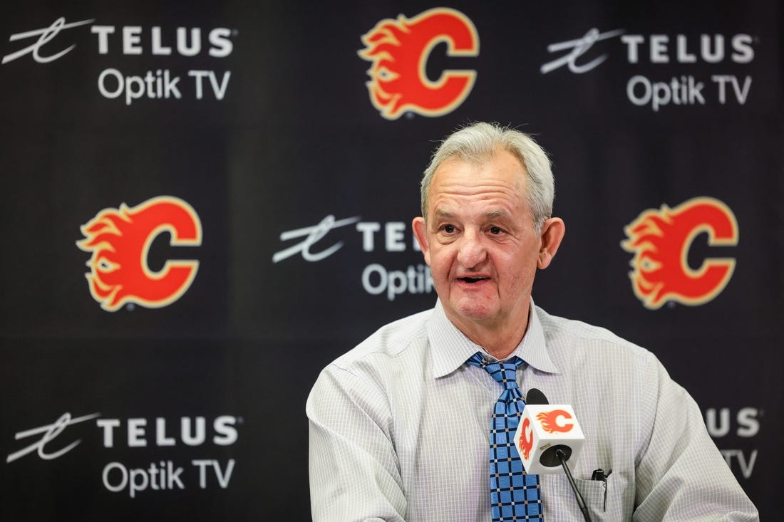 Apr 10, 2023; Calgary, Alberta, CAN; Calgary Flames head coach Darryl Sutter during interview after the game against the Nashville Predators at Scotiabank Saddledome. Mandatory Credit: Sergei Belski-USA TODAY Sports