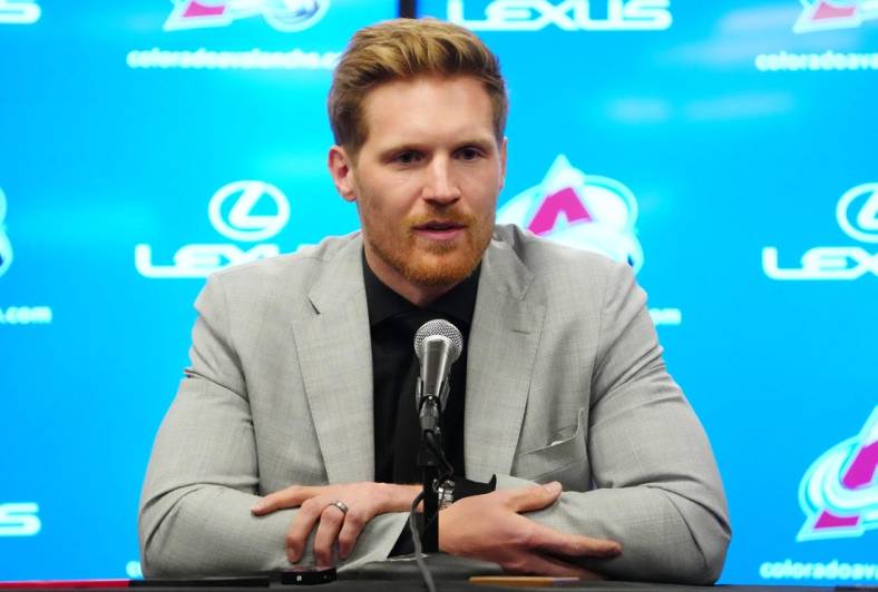 Apr 13, 2023; Denver, Colorado, USA; Colorado Avalanche left wing Gabriel Landeskog (92) speaks to the media before the game at Ball Arena. Mandatory Credit: Ron Chenoy-USA TODAY Sports