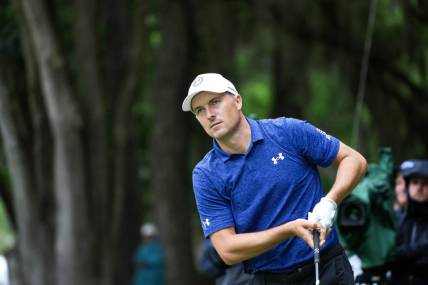 Apr 13, 2023; Hilton Head, South Carolina, USA; Jordan Spieth watches his shot from the second tee during the first round of the RBC Heritage golf tournament. Mandatory Credit: David Yeazell-USA TODAY Sports
