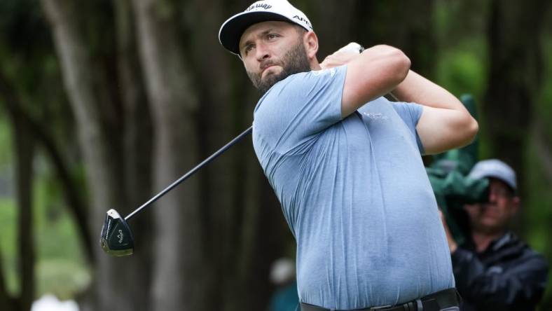 Apr 13, 2023; Hilton Head, South Carolina, USA; Jon Rahm playing from the second tee during the first round of the RBC Heritage golf tournament. Mandatory Credit: David Yeazell-USA TODAY Sports