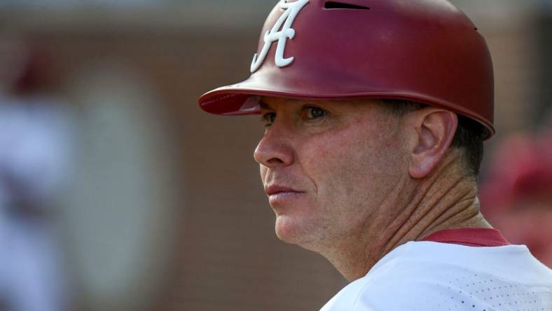 Alabama head coach Brad Bohannon watches his Crimson Tide team in the game with Auburn at Sewell-Thomas Stadium Friday, April 14, 2023 in Tuscaloosa.

Baseball Alabama Vs Auburn