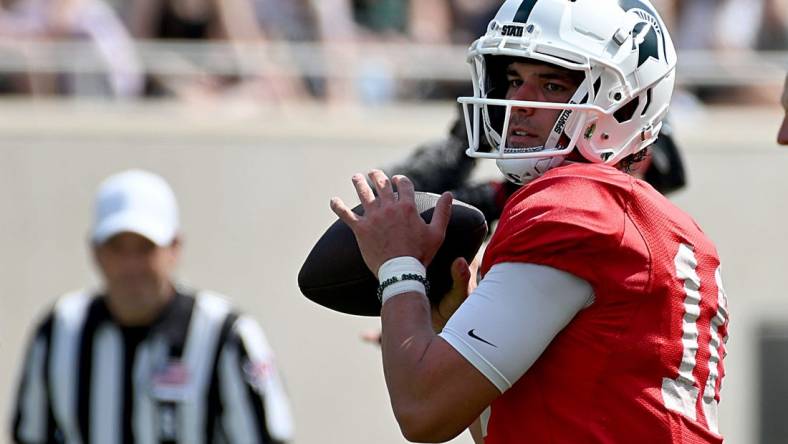 Apr 15, 2023; East Lansing, MI, USA;  Michigan State Spartans quarterback Payton Thorne (10) throws downfield at Spartan Stadium. Mandatory Credit: Dale Young-USA TODAY Sports