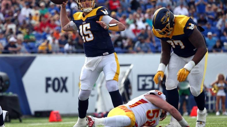 Apr 15, 2023; Memphis, TN, USA; Memphis Showboats quarterback Cole Kelley (15) passes the ball during the first half against the Philadelphia Stars at Simmons Bank Liberty Stadium. Mandatory Credit: Petre Thomas-USA TODAY Sports