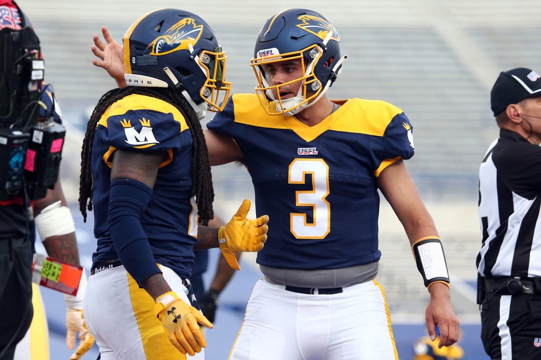 Apr 15, 2023; Memphis, TN, USA; Memphis Showboats quarterback Brady White (3) reacts with running back Alex Collins (2) during the second half against the Philadelphia Stars at Simmons Bank Liberty Stadium. Mandatory Credit: Petre Thomas-USA TODAY Sports