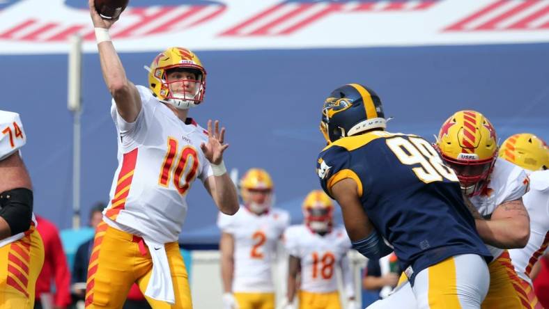 Apr 15, 2023; Memphis, TN, USA; Philadelphia Stars quarterback Case Cookus (10) passes the ball during the first half against the Memphis Showboats at Simmons Bank Liberty Stadium. Mandatory Credit: Petre Thomas-USA TODAY Sports