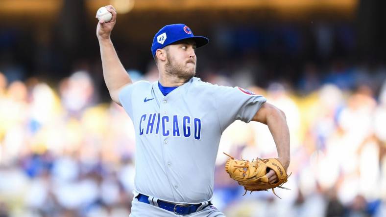 Apr 15, 2023; Los Angeles, California, USA; Chicago Cubs starting pitcher Jameson Taillon throws a pitch against Los Angeles Dodgers during the first inning at Dodger Stadium. Mandatory Credit: Jonathan Hui-USA TODAY Sports