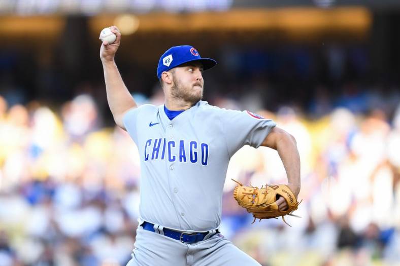 Apr 15, 2023; Los Angeles, California, USA; Chicago Cubs starting pitcher Jameson Taillon throws a pitch against Los Angeles Dodgers during the first inning at Dodger Stadium. Mandatory Credit: Jonathan Hui-USA TODAY Sports