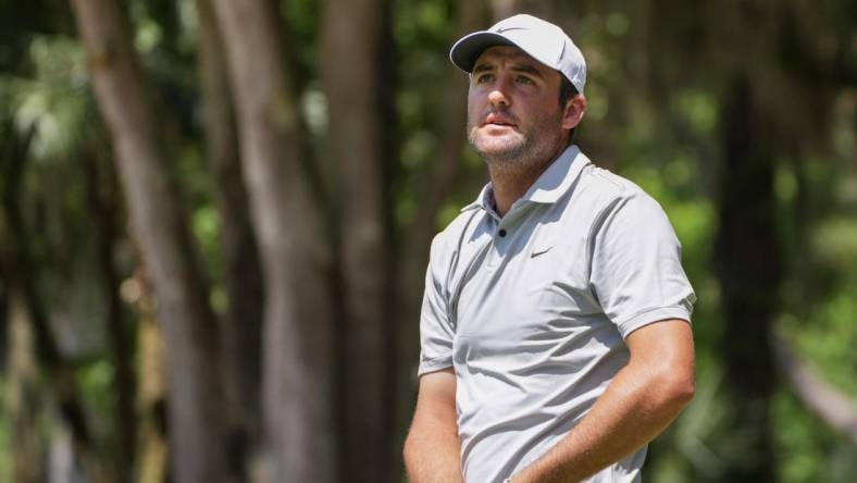 Apr 16, 2023; Hilton Head, South Carolina, USA; Scottie Scheffler watches his ball from the second tee during the final round of the RBC Heritage golf tournament. Mandatory Credit: David Yeazell-USA TODAY Sports