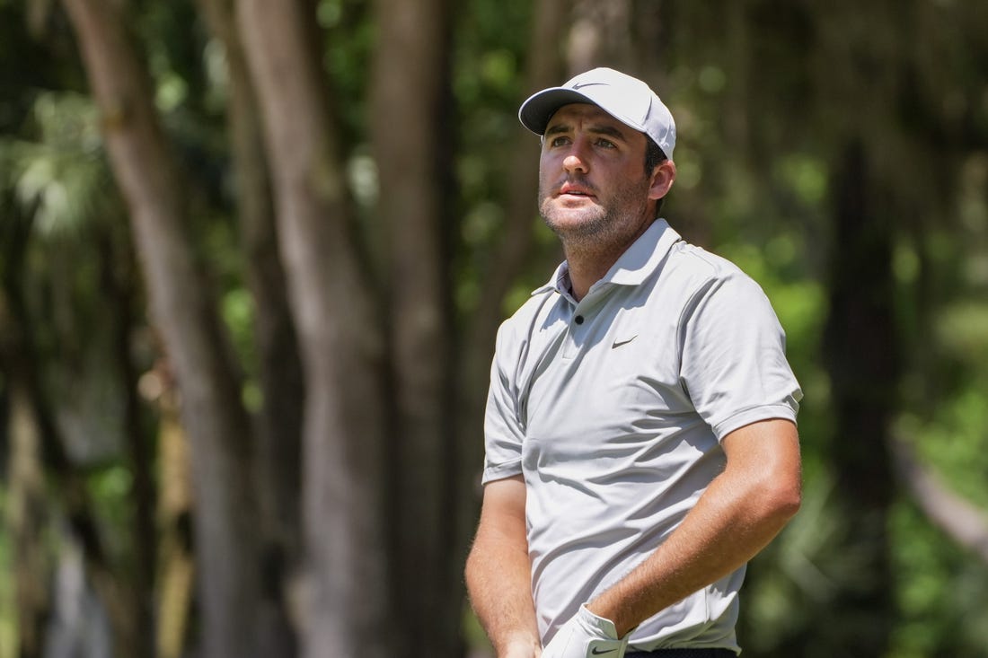 Apr 16, 2023; Hilton Head, South Carolina, USA; Scottie Scheffler watches his ball from the second tee during the final round of the RBC Heritage golf tournament. Mandatory Credit: David Yeazell-USA TODAY Sports