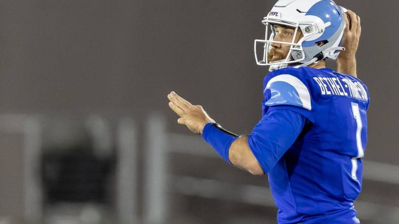 Apr 16, 2023; Birmingham, AL, USA; New Orleans Breakers quarterback McLeod Bethel-Thompson (1) throws the ball against the Pittsburgh Maulers during the second half of a USFL football game at Protective Stadium. Mandatory Credit: Vasha Hunt-USA TODAY Sports