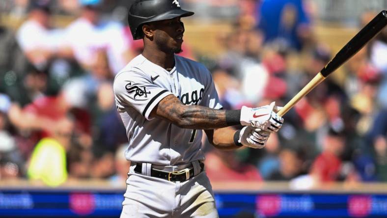 Apr 10, 2023; Minneapolis, Minnesota, USA; Chicago White Sox shortstop Tim Anderson (7) in action against the Minnesota Twins at Target Field. Mandatory Credit: Jeffrey Becker-USA TODAY Sports