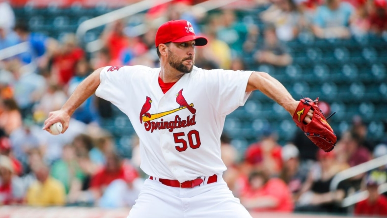 St. Louis Cardinals pitcher Adam Wainwright makes a rehab appearance with the Springfield Cardinals at Hammons Field on Wednesday, April 19, 2023. Wainwright threw 59 pitches over 3 innings.

Tsgf Cards00338