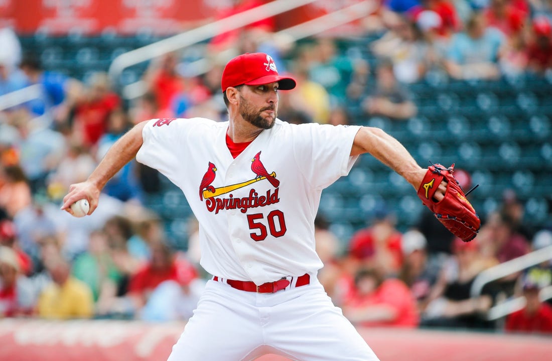 St. Louis Cardinals pitcher Adam Wainwright makes a rehab appearance with the Springfield Cardinals at Hammons Field on Wednesday, April 19, 2023. Wainwright threw 59 pitches over 3 innings.

Tsgf Cards00338