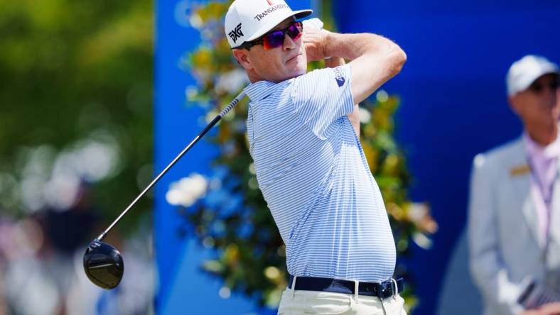 Apr 20, 2023; Avondale, Louisiana, USA; Zach Johnson hits a tee shot on the first hole during the first round of the Zurich Classic of New Orleans golf tournament. Mandatory Credit: Andrew Wevers-USA TODAY Sports