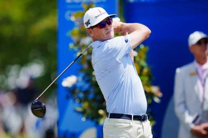 Apr 20, 2023; Avondale, Louisiana, USA; Zach Johnson hits a tee shot on the first hole during the first round of the Zurich Classic of New Orleans golf tournament. Mandatory Credit: Andrew Wevers-USA TODAY Sports