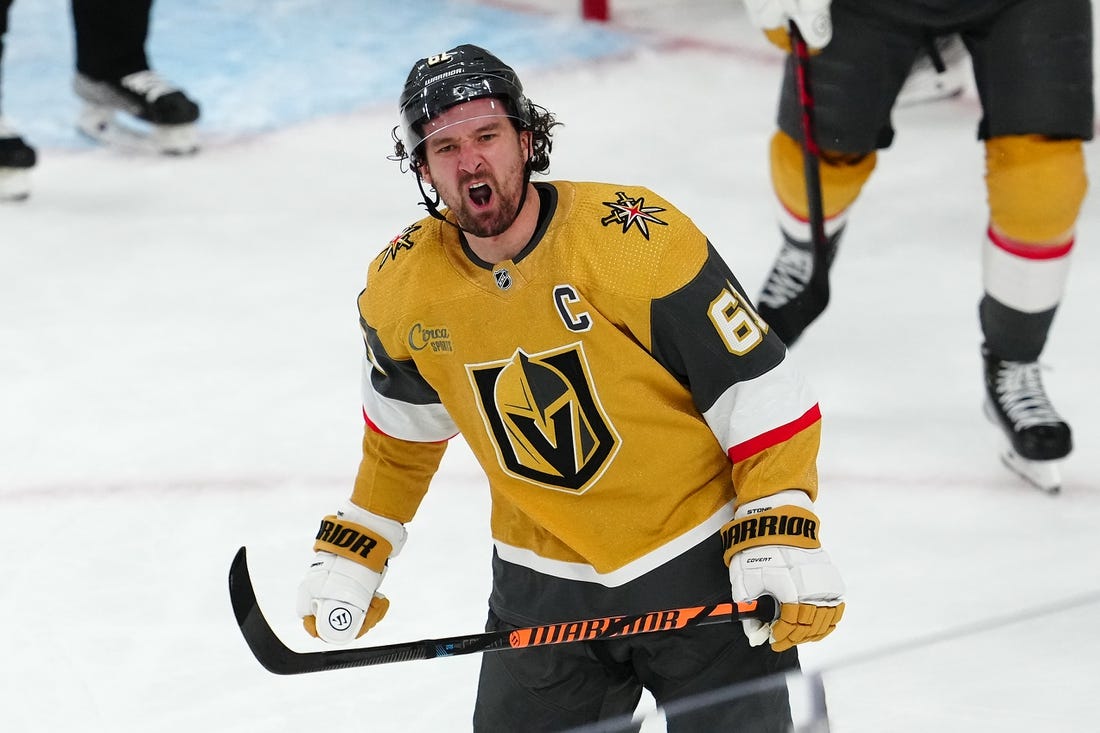 Apr 20, 2023; Las Vegas, Nevada, USA; Vegas Golden Knights forward Mark Stone (61) celebrates after scoring a goal against the Winnipeg Jets during the third period of game two of the first round of the 2023 Stanley Cup Playoffs at T-Mobile Arena. Mandatory Credit: Stephen R. Sylvanie-USA TODAY Sports