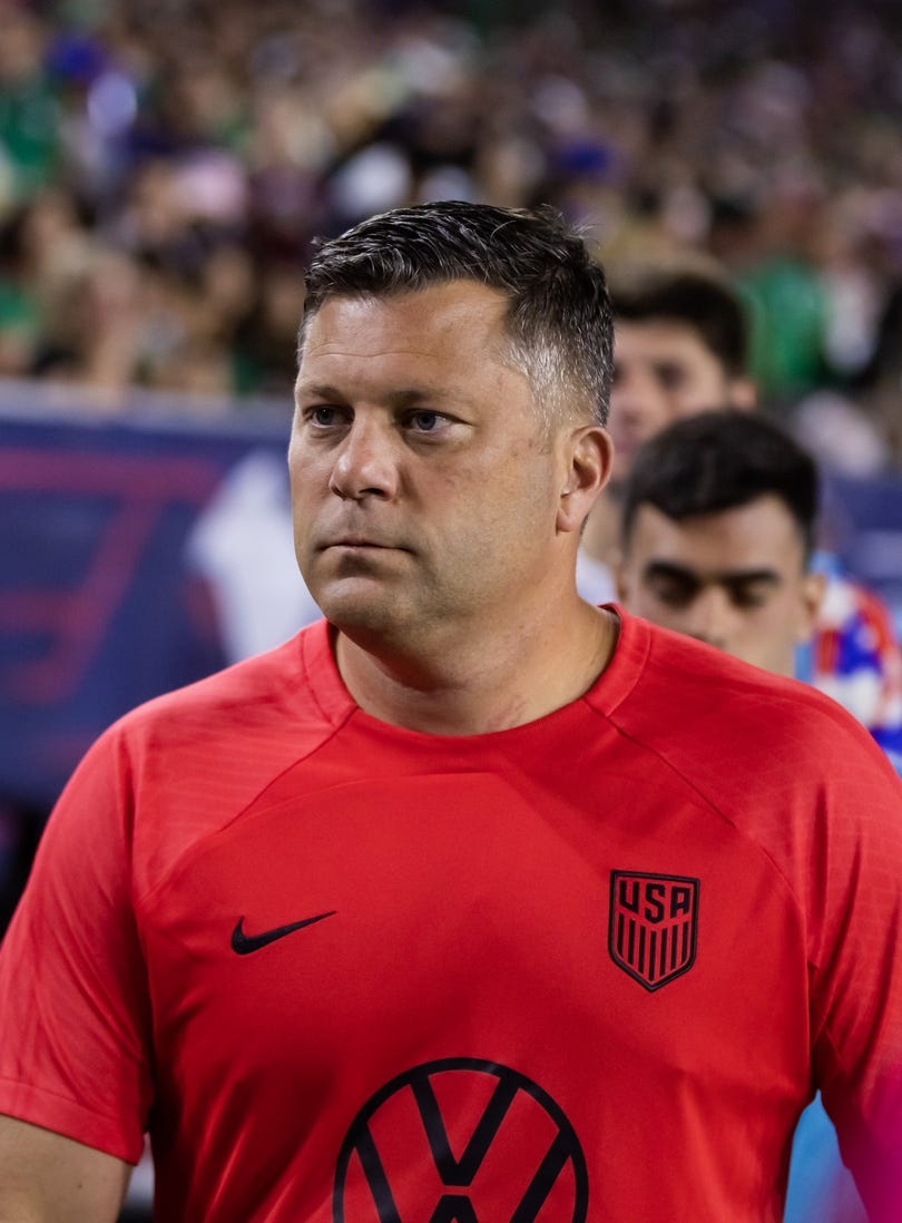 Apr 19, 2023; Glendale, Arizona, USA; USA assistant coach B.J. Callaghan during the Allstate Continental Classico at State Farm Stadium. Mandatory Credit: Mark J. Rebilas-USA TODAY Sports